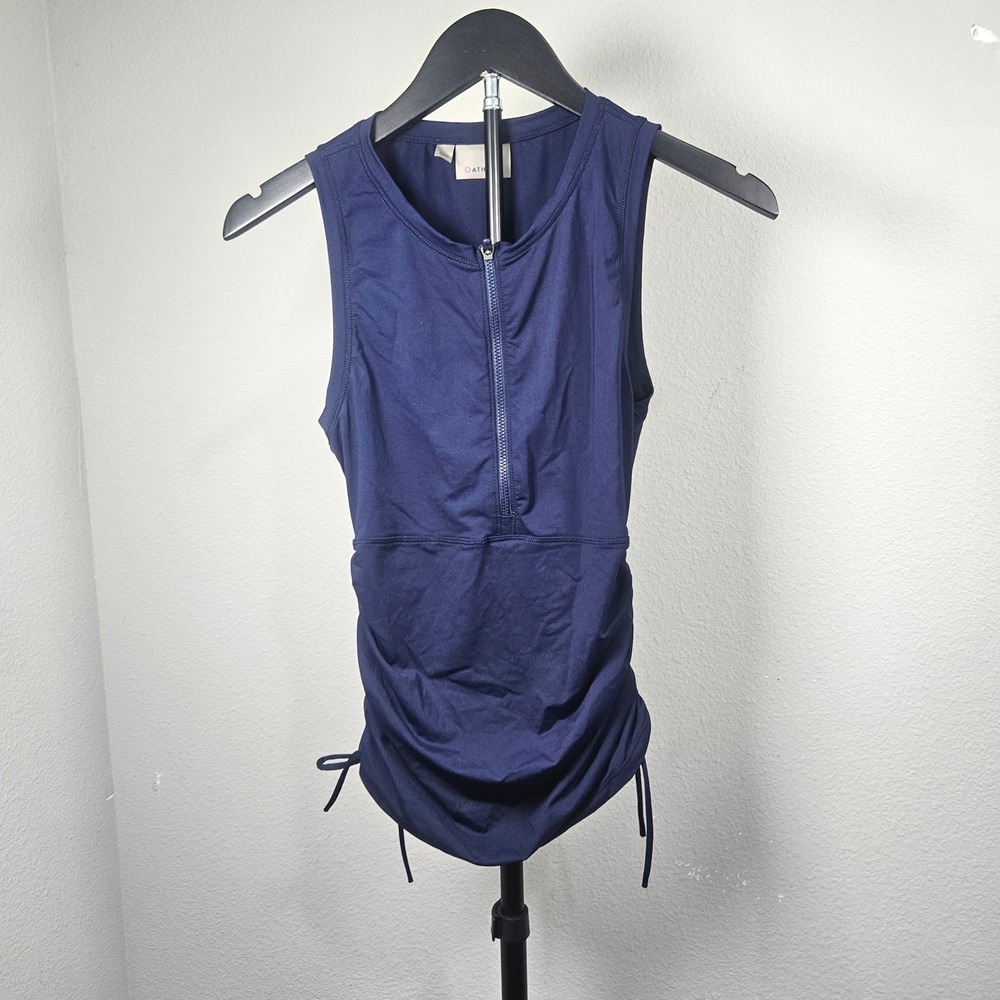Athleta Swim Tank Women XXS Navy Blue Ruched Quarter Zip Sporty Activewear